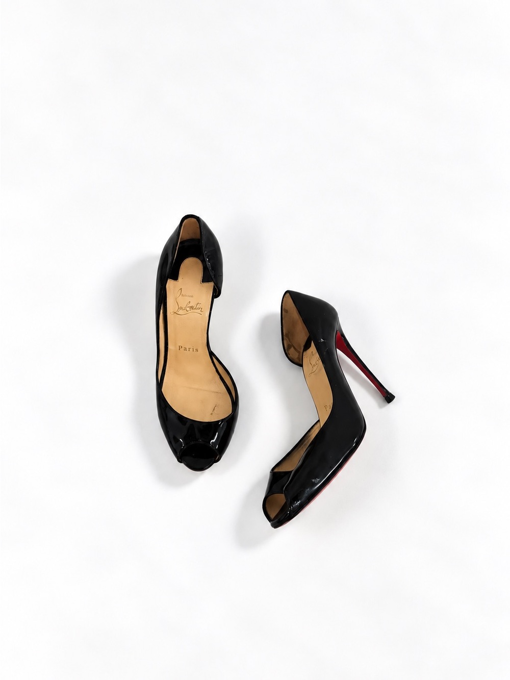 Christian Louboutin Black Patent Peep-Toe Stilettos with Red Sole